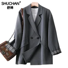 Shuchan Woman Blazer 2019 Double Breasted Gray Double Breasted  Notched Loose Blazer Feminino Fashion Womens Tops Casual