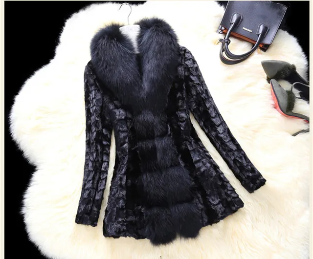 AYUNSUE High Quality Mink Fur Coat Manteau Femme Fox Furs Collar Coats