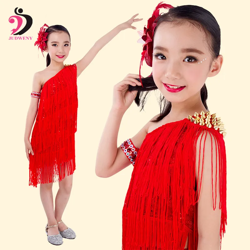 

New Arrival 2015 Latin Dance Dress for Children Girls with Top + Dress + Arm Chain + Headwear for Kids Performance/Competition