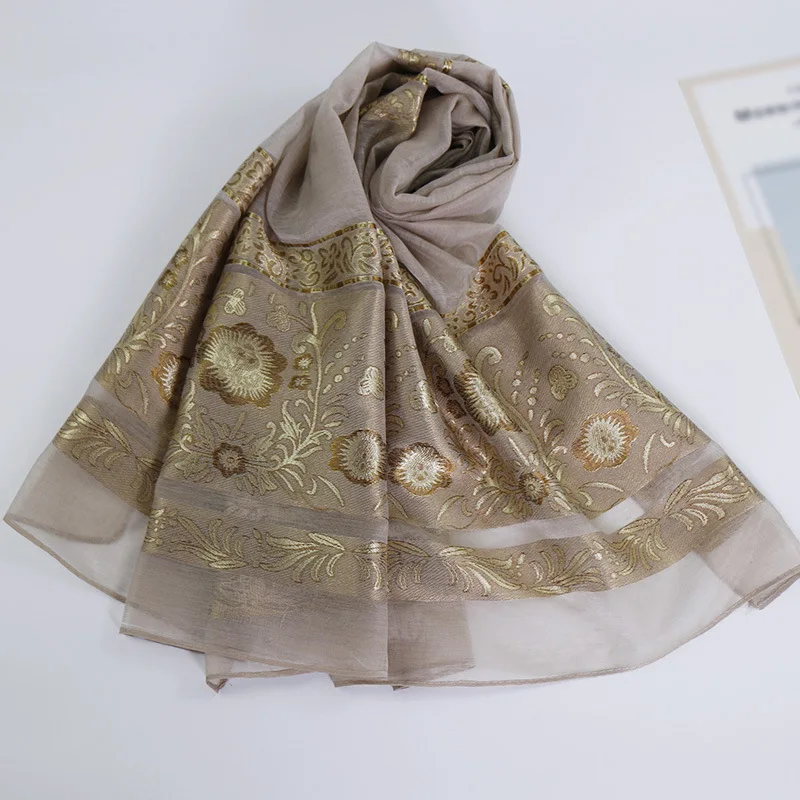 Дизайн Блестящий мерцающий мусульманский хиджаб высокого качества органза золотой цветочный принт длинный Шелковый индийский шарф