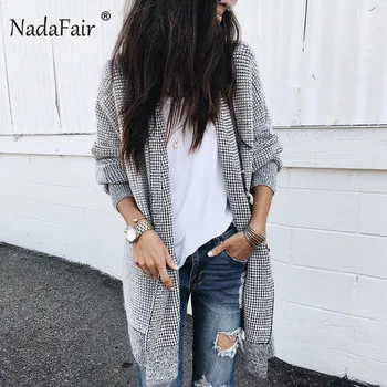 

Nadafair Cardigan Long Wool Coats Women Autumn Winter Plaid Blend Overcoats 2018 Streetwear Long Sleeve Tutleneck Coat Female