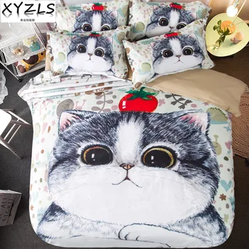 

XYZLS Cartoon Cats Queen Cotton Bedding Set Kitten Double Twin Duvet Cover Set Children Full Bedclothes Girl King Bedding Kit