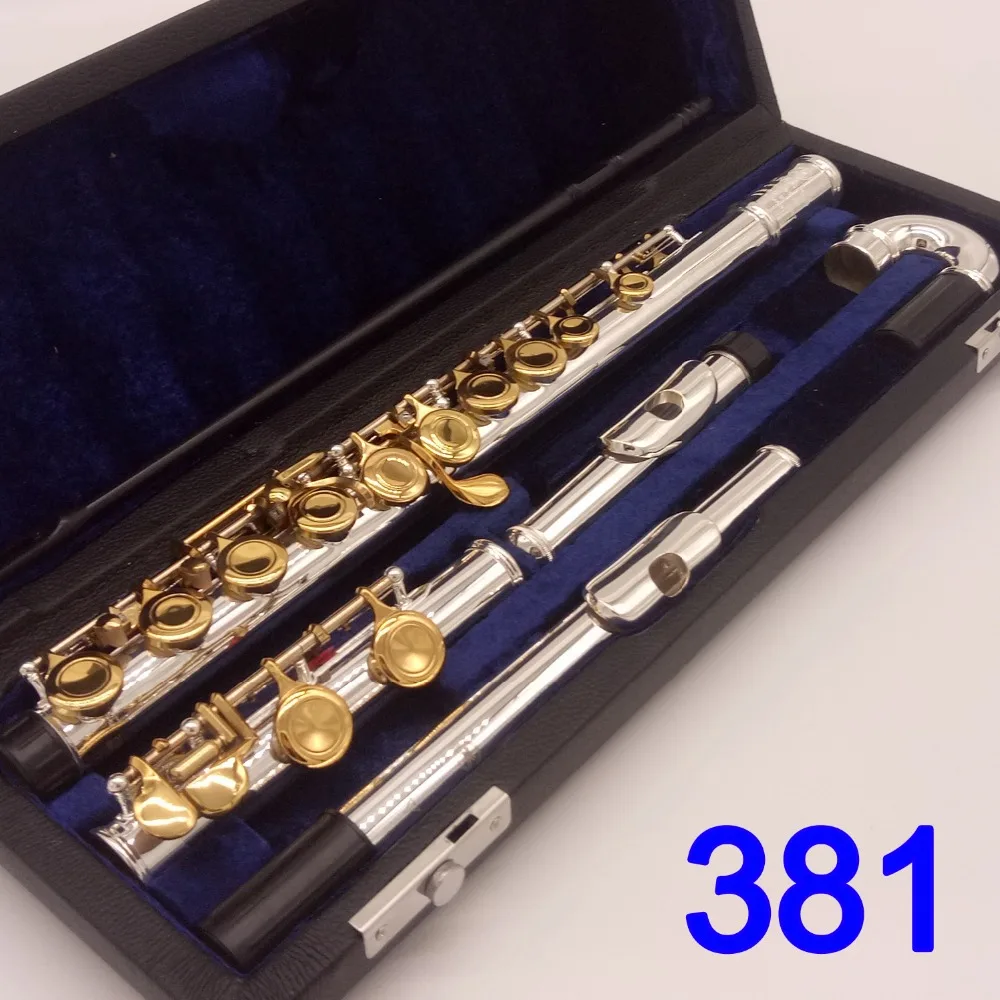 

Japan Professional Flute 381 Silver Plated Flute Gold Key Instrument Intermediate Student Curved Headjoint Flutes 16 Key Close