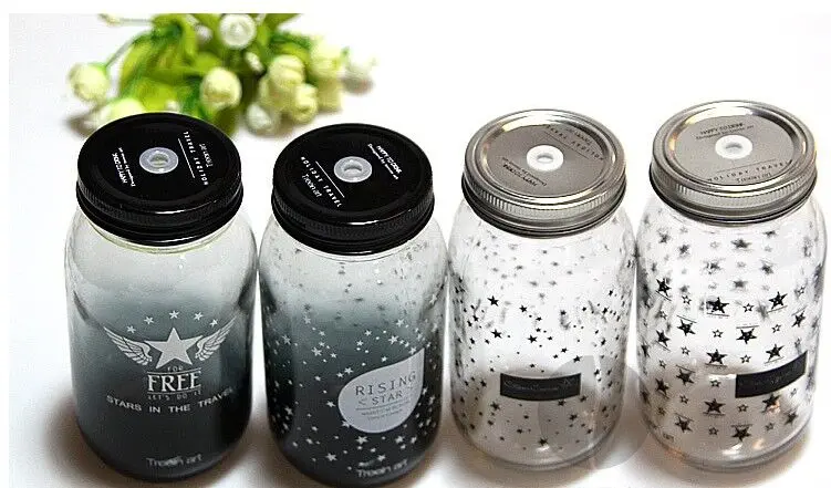 

500ml 1000ml Half Transparent Mason Jar With Lid Straw Words Star Printed Cool Drink Beer Glass Bottle Party favor Bar