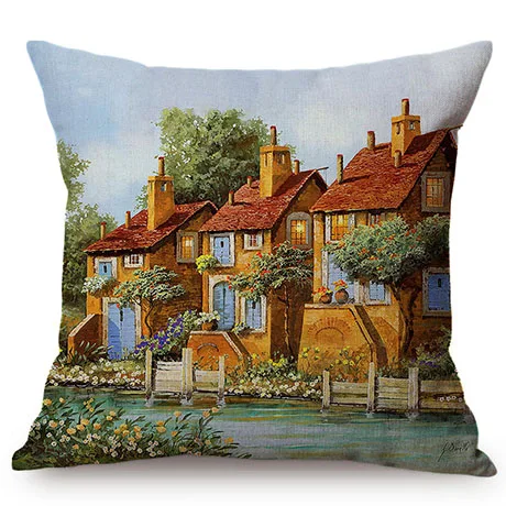 Beautiful Countryside Scenery Happy Cottage Childhood Memory Oil Painting Home Decor Throw Pillow Case Sofa Chair Cushion Cover K120-3