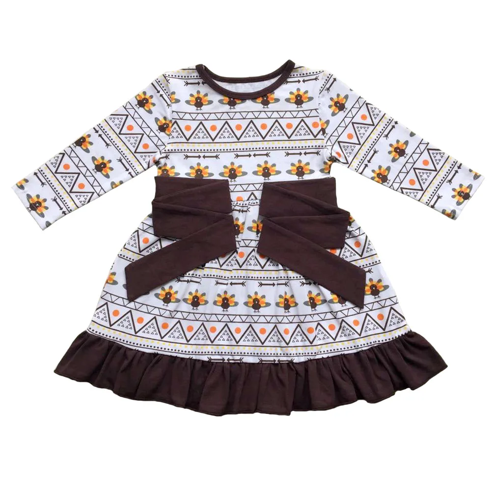 

Halloween dress,long sleeved brown fall dress,orange pumpkin dress,Girls Thanksgiving Turkey Dress