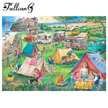 

FULLCANG full square/round drill diy diamond painting "camping by the sea" 5d embroidery rhinestone cross stitch kit decor FC251