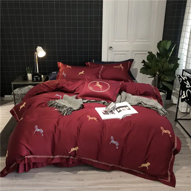 Us 114 99 8 Off 4 Pieces Bright Red Duvet Cover Set 60s Luxury Embroidery Bed Sheets Gray Blue Bed Linen Satin Egyptian Cotton Bedding King In