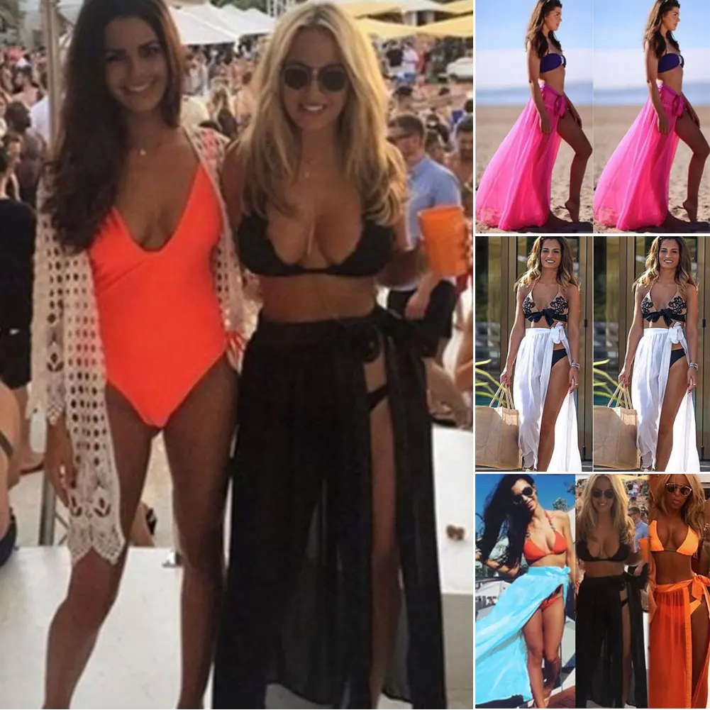Sexy Women Long Skirt Bikini Cover up Bathing Suit Swimwear Sexy Women Bikini Cover Up Swimwear Sheer Beach Maxi Wrap Skirt bathing suit bottom cover up