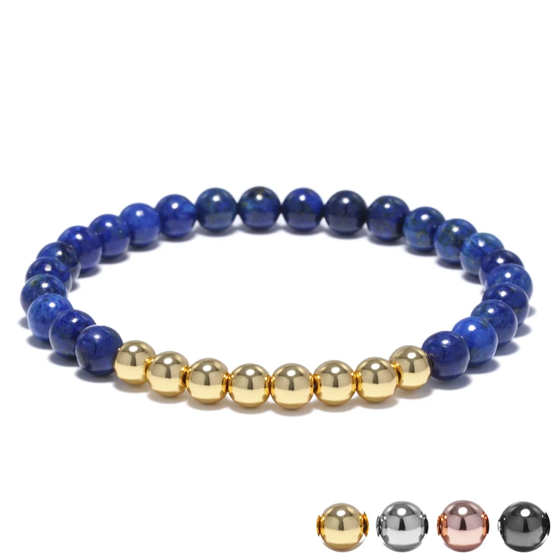 

New 6mm Blue Natural Stone Beads Bracelets & Bangles For Men Copper Beaded Bracelet Male Accessories Jewelry Pulseira Masculina