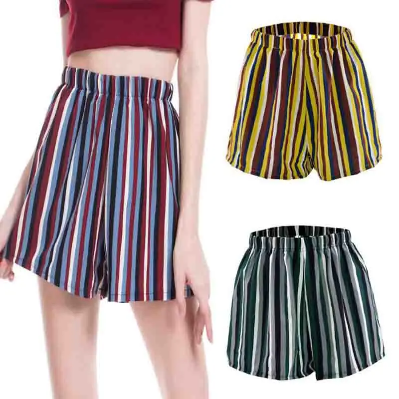 Comprar Pantalones cortos de mujer de moda a la cintura ajustados cómodos holgados a rayas generosas