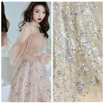 

Colourful sequins embroidered transparent mesh fabric For Women dress DIY material
