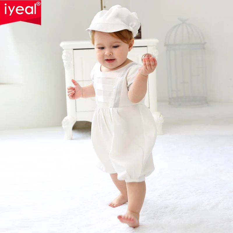 

IYEAL Baby Boy Clothes Christening Gowns Baby Romper with Hat 2 Pieces Newborn Infant Clothing Set 3M 6M 9M 12M 18M 24M vestidos