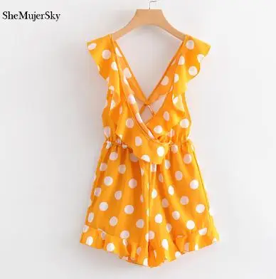 Orange Playsuit SheMujerSky оранжевый пляжный костюм, Летний комбинезон с оборками и v-образным вырезом, короткий комбинезон с открытой спиной в горошек, Комбинезоны для женщин - Цвет: Orange Playsuit