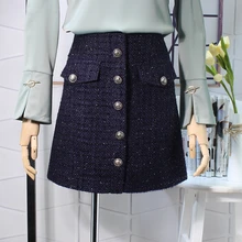 Флисовая осенне-зимняя шерстяная юбка в клетку Женская королевская пуговица с карманом спереди размера плюс блестящая твидовая Мини-Юбка Saia Feminina