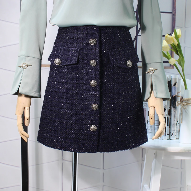

Flectit Fall Winter 2019 Plaid Wool Skirt Womens Royal Button Pocket Front Plus Size Glitter Tweed Mini Skirt Saia Feminina