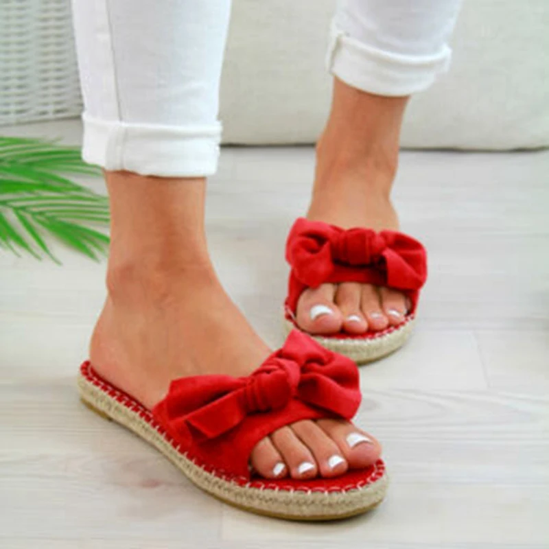 

LOOZYKIT 2019 Womans Slip On Sandals Bow Flat Mujer Summer Sliders Espadrille Shoes Sizes Flip Flops Outside Beach Slippers