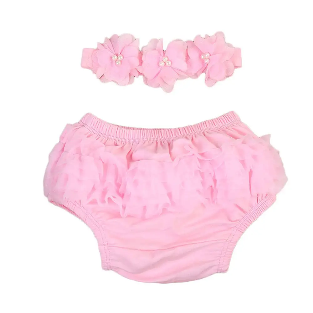 Милые Кружевные штаны с рюшами для новорожденных девочек повседневное нижнее белье повязки на голову для младенцев 2 шт. реквизит для фотосессии - Цвет: Розовый