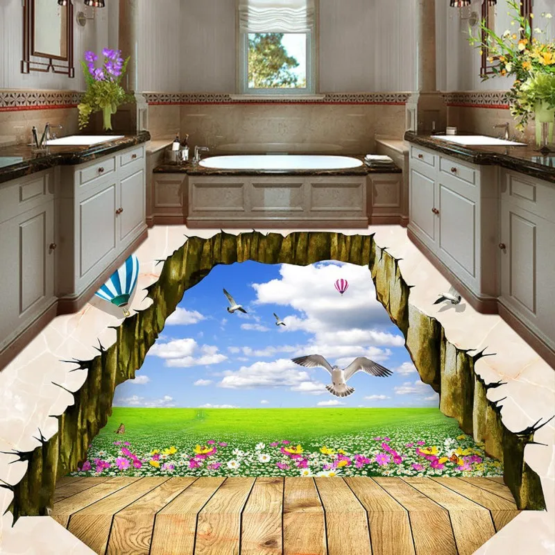

Free Shipping 3D marble floor decorative painting self-adhesive home decoration anti-skidding bathroom flooring wallpaper mural