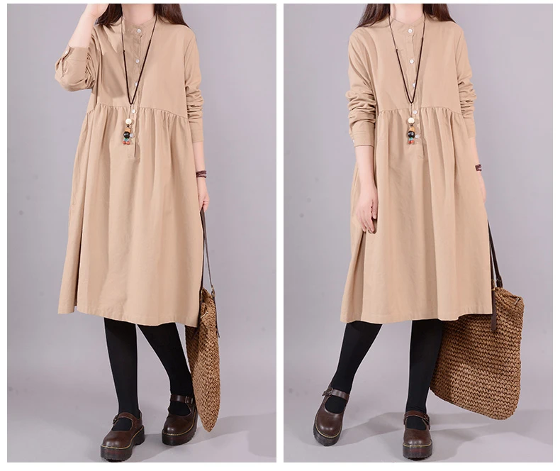 9521 Oversize Dresses Women Long Sleeve Elegant Loose Casual Dress Large Size Solid Button Vintage Cotton Linen Dress Vestidos Mujer 3