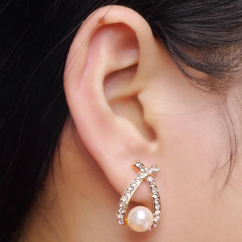 FUNIQUE 2018 Simulate Pearl Rhinestone Stud Earrings For Women New Cross Crystal Earings Party Wedding Jewelry Gift Brinco | Украшения и