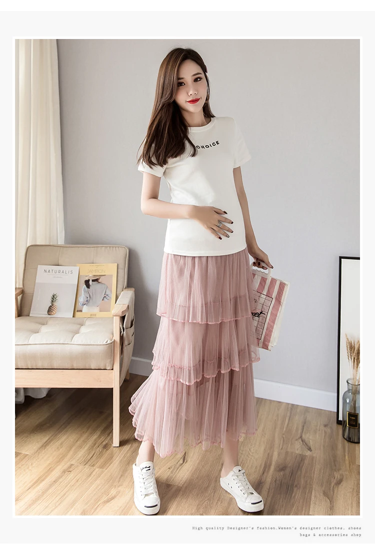 HziriP Hot Sale Pregnant High Waist Mid-Calf Mesh Maternity Fresh Summer New Style Solid Simple 3 Colors Plus Size Skirts