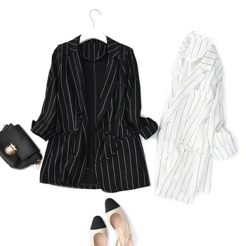 

fashion Blazer Women cotton Linen stripe Blazer Suit Jacket Female New Spring One Button Leisure Suit Blazer Women Blaser Muje