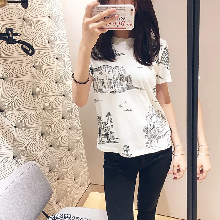 

2019 Spring and Summer New Products College Wind Embroidery Round Collar Crash Short Sleeved Women's Wear Black T-shirt Women