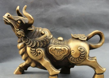 

Collectible bronze S1371 14" Chinese Bronze Wealth Coin RuYi Fu ZhaoCai Bull Ox Statue Animals Sculpture