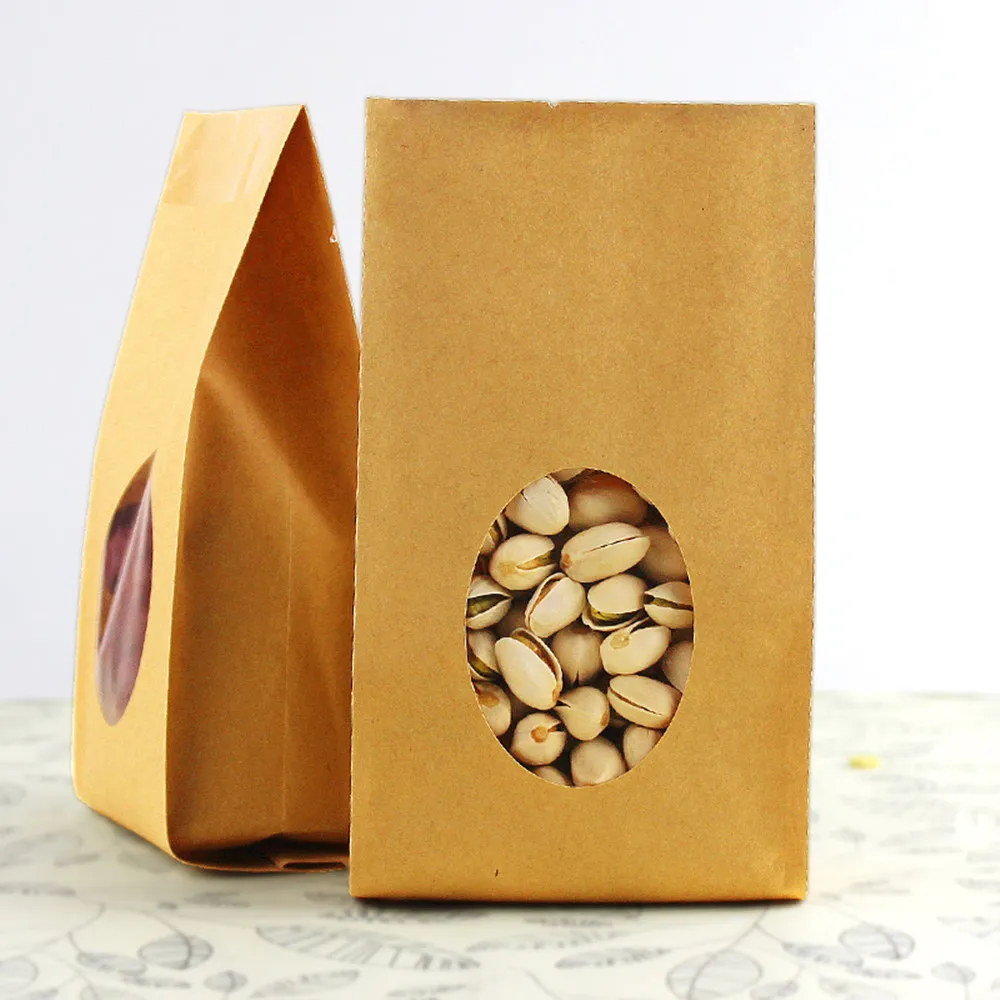 

Free Shipping 10*22+6cm Open Top Stand Up Kraft Paper Heat Seal Bag With Clear Window For Party Food Gift Packing Bellows Pocket