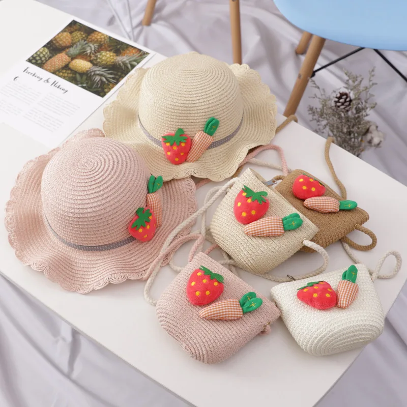 Детская тканевая, соломенная шляпа Сумка Сумочка в том же стиле; Комплект для девочек с мультипликационным принтом в виде клубники; пляжная
