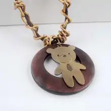 Antique Vintage Long Rope Chain Necklace Wooden Alloy Bear Pendants Neckless Cord Men Jewelry Accessories Free Shipping