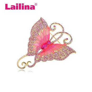 

3 inches 100pcs/lot fashion pink rhinestone enamel insect butterfly brooch pin