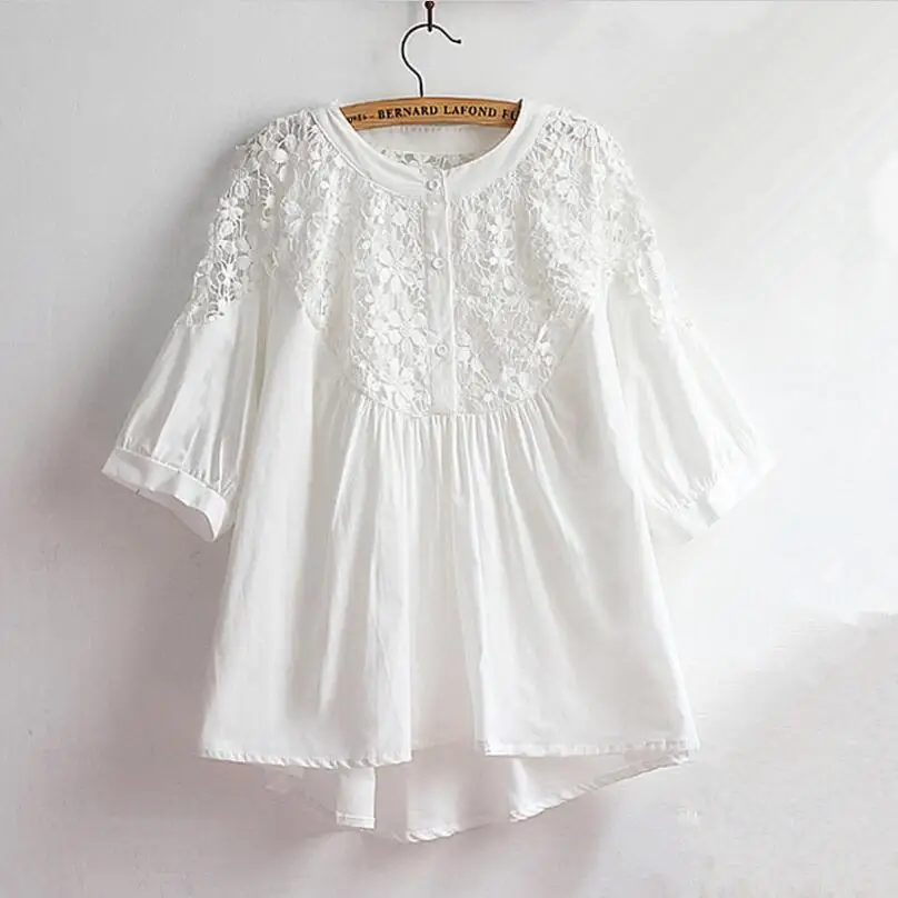 Dainzuy Tops for Women Plus Size 3/4 Sleeve Casual Loose Vintage Jacquard Summer Linen Lace Blouse Shirts 