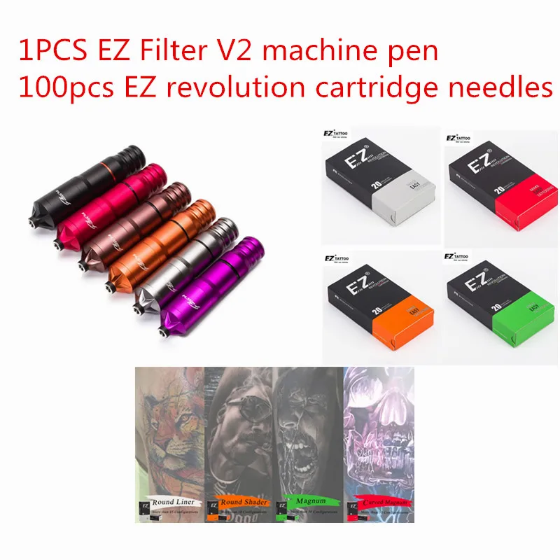 EZ Filter V2 Tattoo machine Pen and 100pcs EZ Revolution Cartridge Tattoo Needles tattoo kits for Tattooist Tattoo supplies 