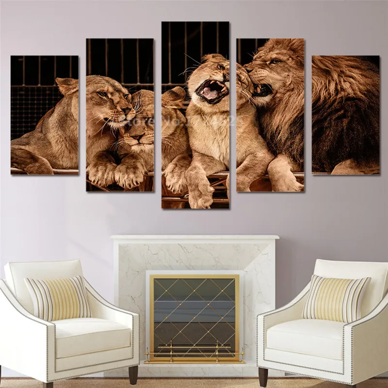 Printed Lion Painting Canvas Print Room Decor For Living Room 5 Pieces