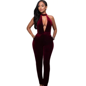 

2019 Backless Long Rompers Slim Full Overall Women Sexy V Neck Sleeveless Halter Pleuche Bodysuit Bodycon Zipper Velvet Jumpsuit