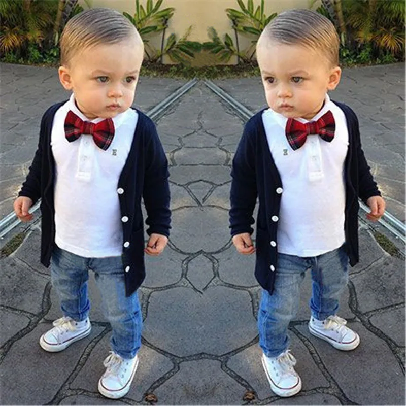 

European and American solid color Cardigan+short sleeved T-shirt with cravat+long-section jeans three pieces suit set for boys