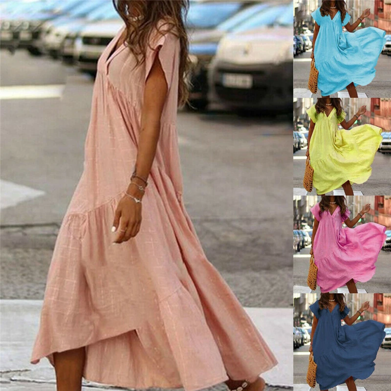 New Women's Boho Pure Color Dress V-neck Long Maxi Ladies Short Sleeve Loose Holiday Beeach Party Wear Summer 2019 | Женская одежда