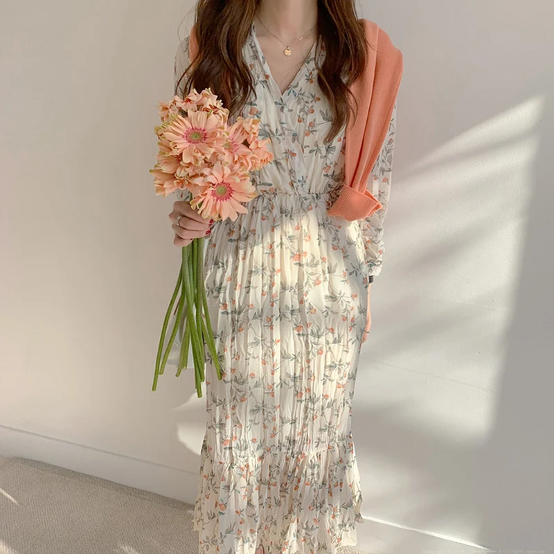 BGTEEVER Elegant Ruched Floral Print Women Summer Dress Sexy V-neck Full Sleeve Female Long Dresses 2019 Summer Chiffon Vestidos