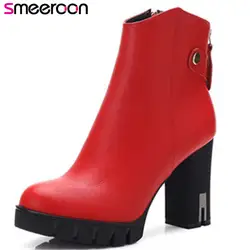 Smeeroon обувь на платформе на осень-зиму сапоги супер Обувь на высоком каблуке с круглым носком Женские ботинки на молнии женские ботильоны