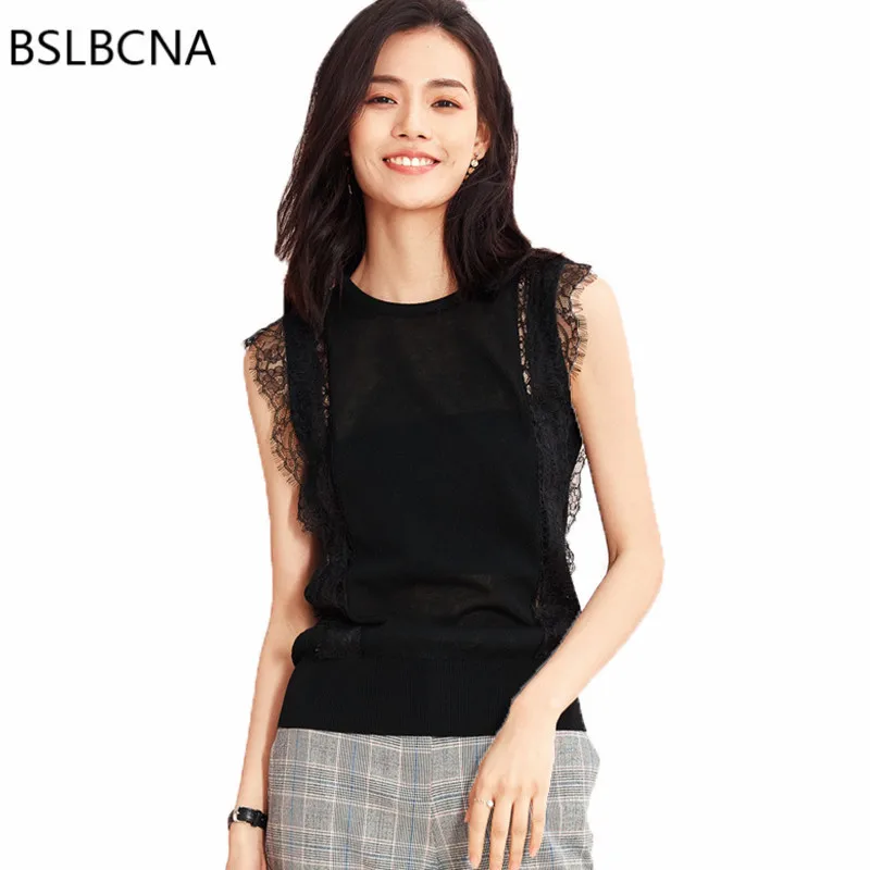 

Korean Style Clothing Knitted Sweater O-neck 2019 Pullover Sexy Sleeveless Women Tops Lace Patchwork OL Elegant Knitwear A175