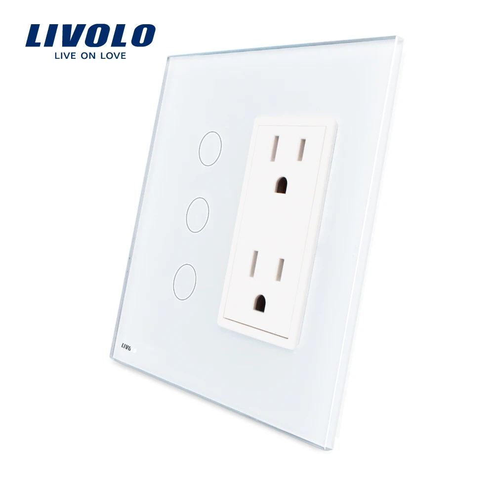 

Livolo US standard Vertical Luxury White Crystal Glass, 3Gang + US Socket(15A), VL-C503-11/VL-C5C2US-11