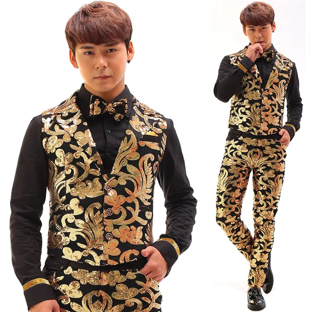 Black Gold Sequins Embroidery Vintage Men Set Nightclub Male Singer Stage Wear Individuality Unique False Pocket Black Gold Sequins Embroidery Vintage Men Set Nightclub Male Singer Stage Wear Individuality Unique False Pocket