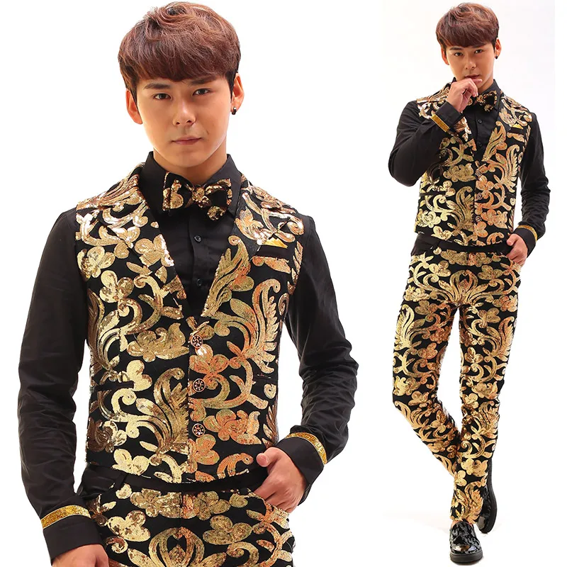 Black Gold Sequins Embroidery Vintage Men Vest Set ...