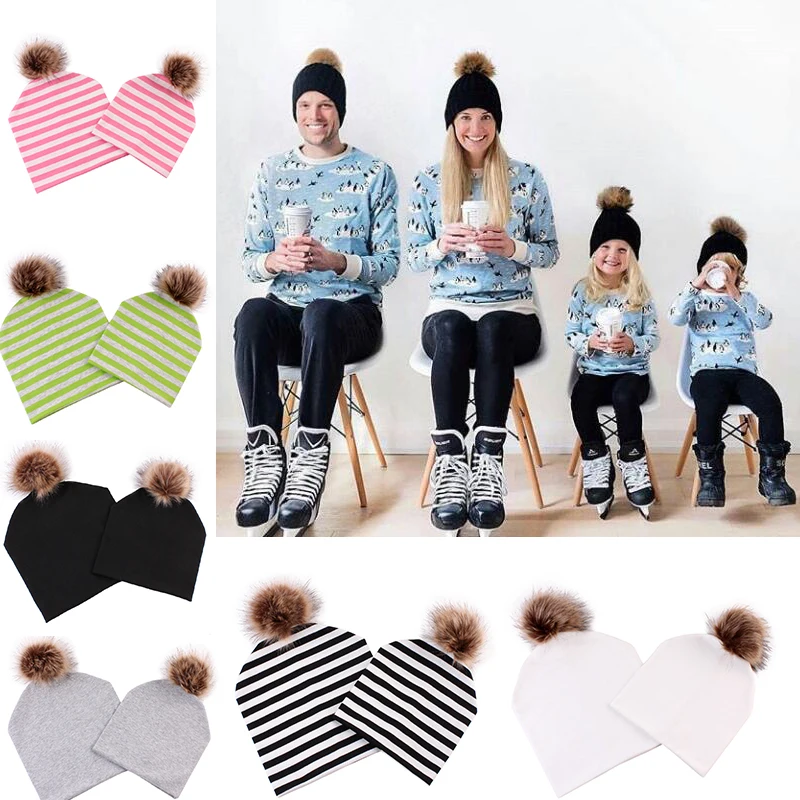 

Family Hat Mommy and baby Hat Mink Fur Ball Pompom Bobble Hat Beanie cap Winter Warm Women Kids Cotton head hoop boys girls Caps