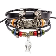 

New Punk Vintage Rope Handmade Bead Woven Owl Leather Men Bracelets Women Bangles Female Rock Homme Men Multi-storey Jewelry
