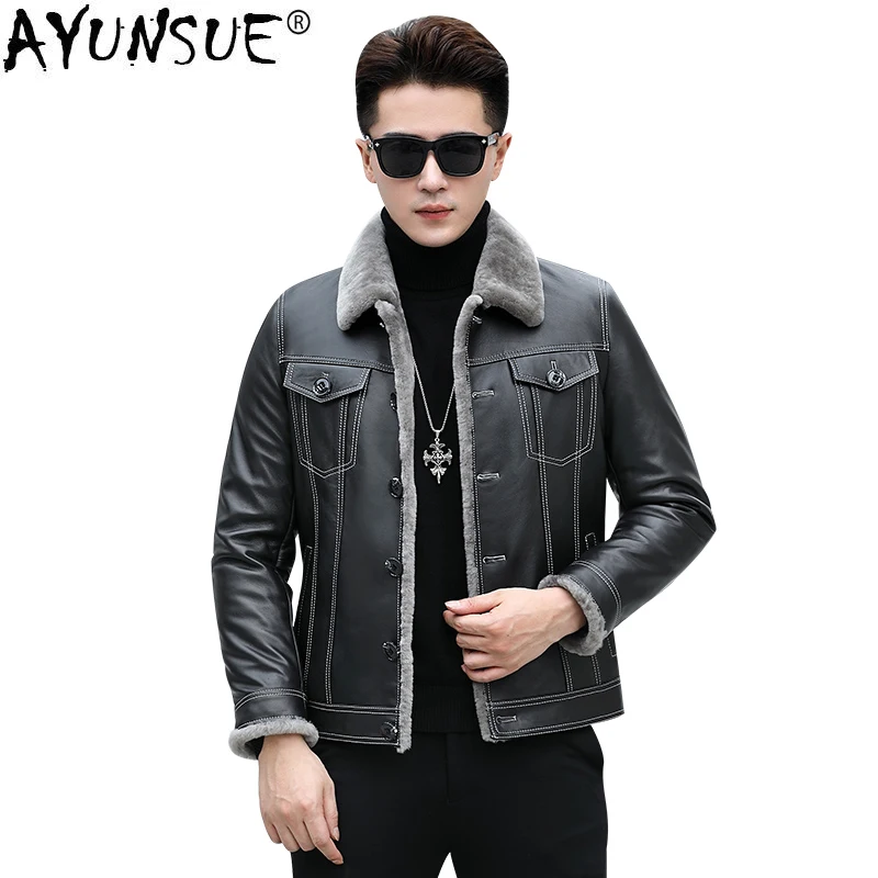 

AYUNSUE Men's Winter Genuine Leather Jacket Real Lamb Fur Sheepskin Coat for Men Short Thick Male Wool Casual Jackets KJ848