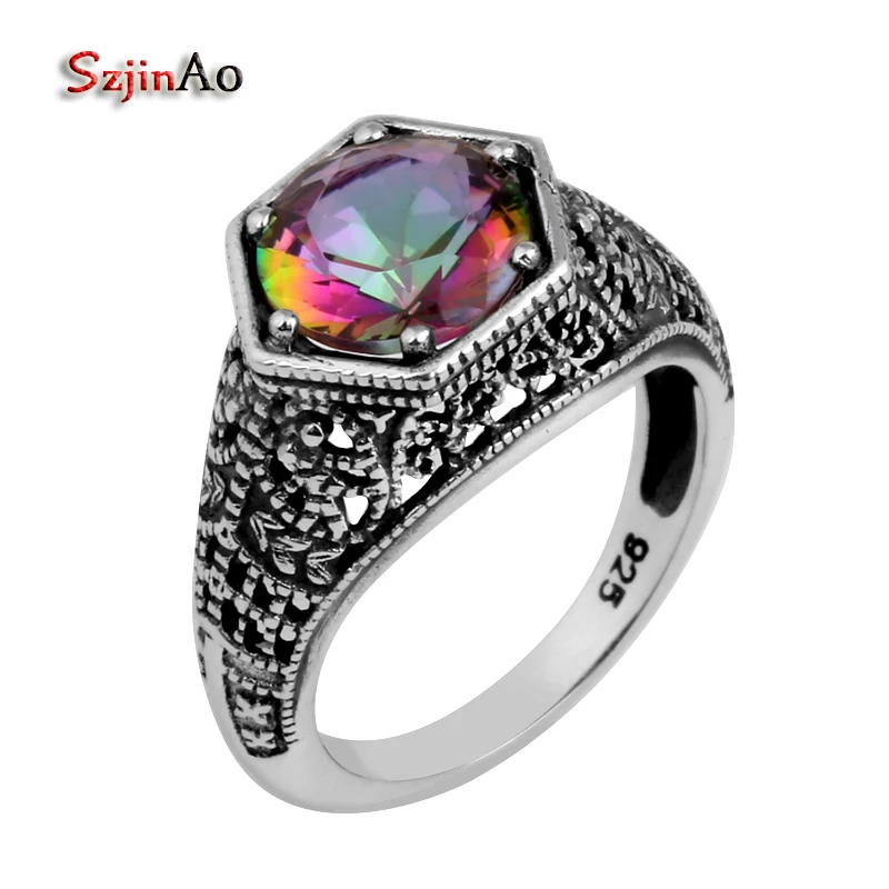 

Szjinao Big Promotion New Bohemia Antique Ring Rainbow Topaz 925 Sterling Silver Wedding Ring Women Jewelry