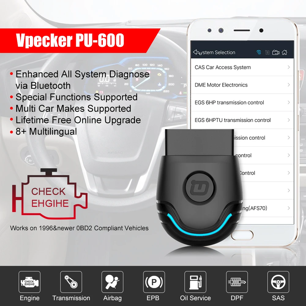 Vpecker PU-600 OBD2 Bluetooth Сканер Полная система Универсальный считыватель кодов TPMS DPF сервис автомобильный диагностический сканер PK AP200 ELM327